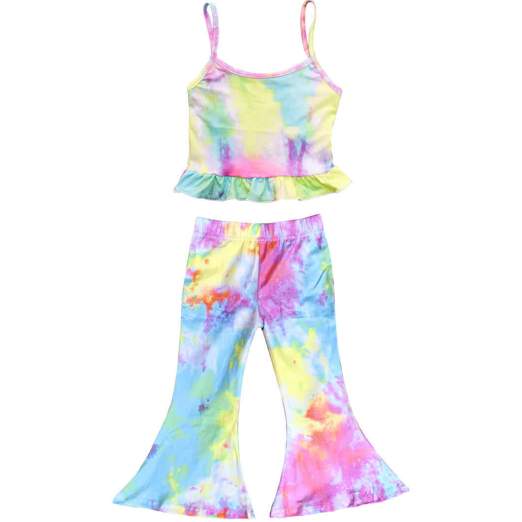 Girl's Ruffle Tank & Bells Set - Rainbow Tie Dye