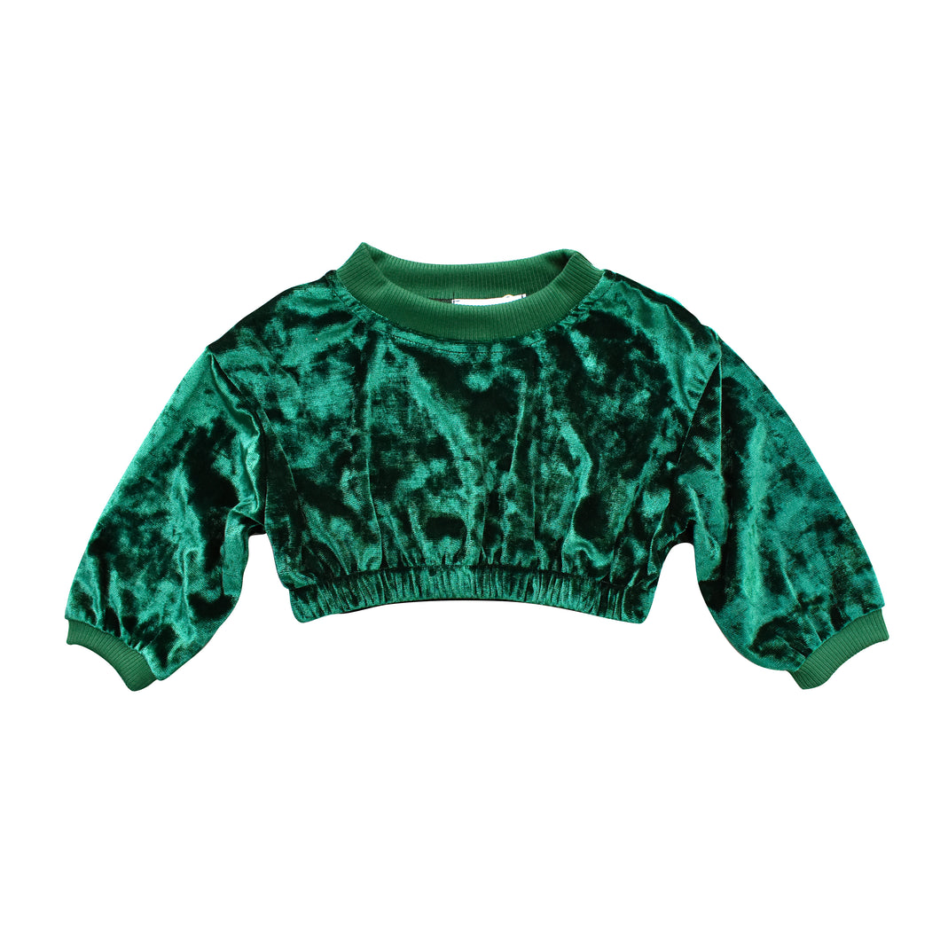 Girl's Velvet Crewneck Top - Emerald Green