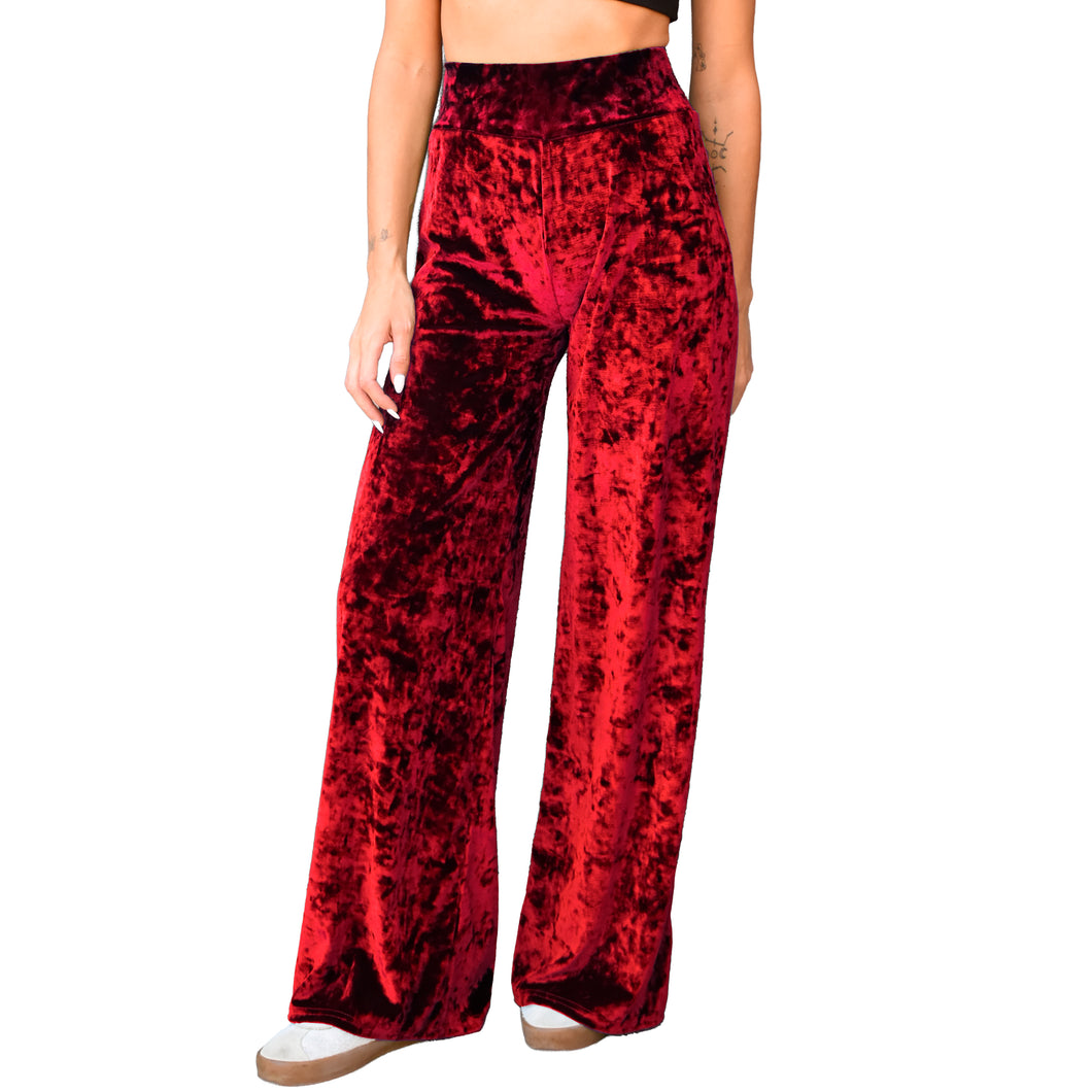 Velvet Wide Leg Pants - Red